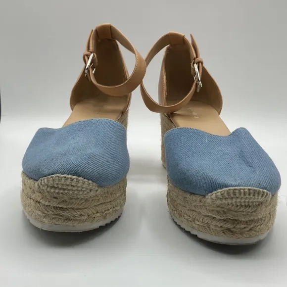 Nine West Ariela 3 Natural Blue Multi Texture Espadrille Wedges Women's …