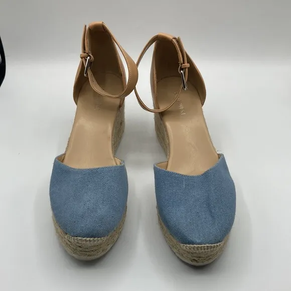 Nine West Ariela 3 Natural Blue Multi Texture Espadrille Wedges Women's …