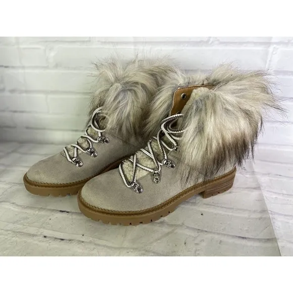 Nine West Womens Size 7 Andra Lace Up Boots Booties Faux Fur Collar NEW