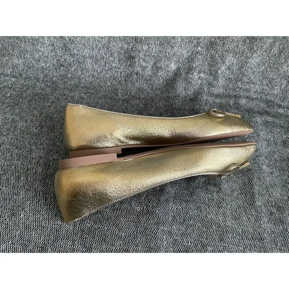 NWOB Stuart Weitzman Gold Leather Gabby Bow Flats 05-19 DA - Size 8M