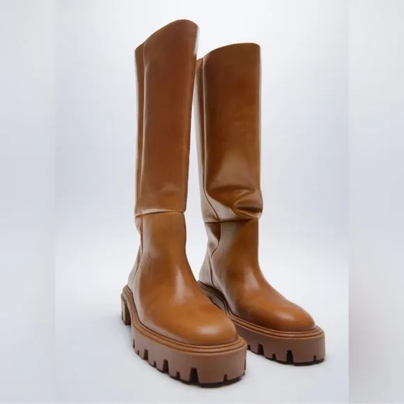 NWOB! Zara Genuine Flat Leather Tall Lug Sole Platform Pull On Boots