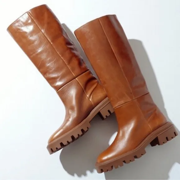 NWOB! Zara Genuine Flat Leather Tall Lug Sole Platform Pull On Boots