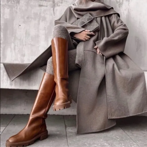 NWOB! Zara Genuine Flat Leather Tall Lug Sole Platform Pull On Boots