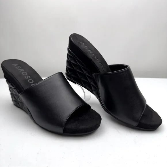 NWOT Aerosoles Women’s Pierce Wedge Sandal Soft Leather Slide Black Size 8.5M