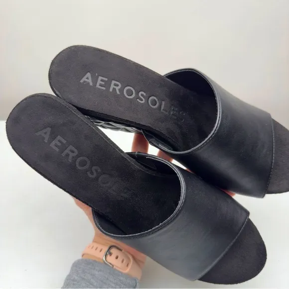 NWOT Aerosoles Women’s Pierce Wedge Sandal Soft Leather Slide Black Size 8.5M