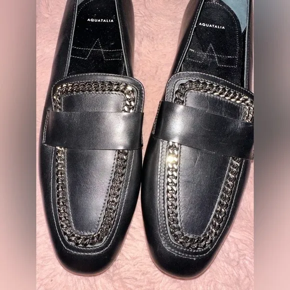 NWOT Aquatalia Black Ronda Chain Leather Loafer Flats 8 office goth preppy