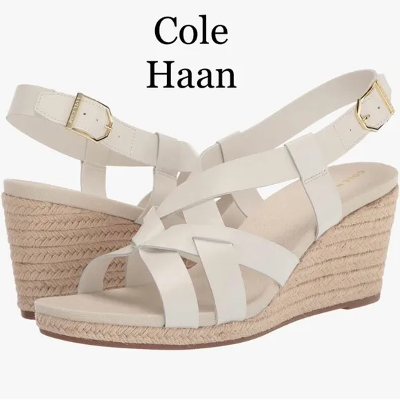 NWOT COLE HAAN Crystal ​Leather Espadrille Wedge Sandals in Blanc de Blanc W9