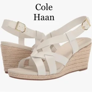 NWOT COLE HAAN Crystal ​Leather Espadrille Wedge Sandals in Blanc de Blanc W9