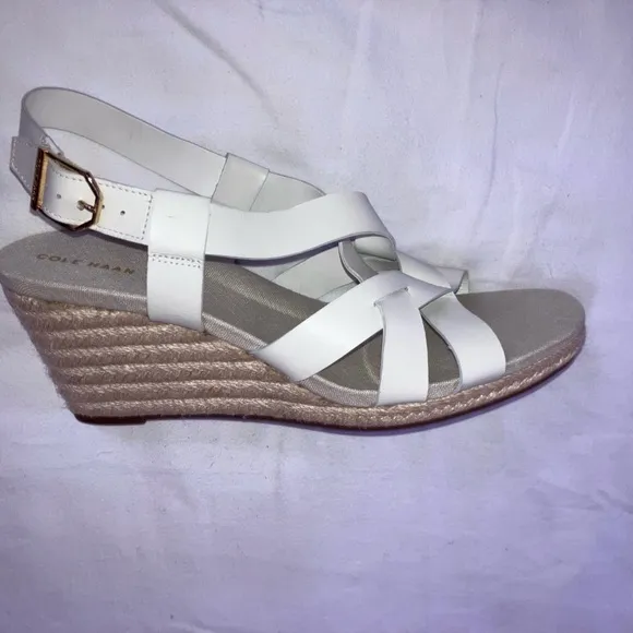 NWOT COLE HAAN Crystal ​Leather Espadrille Wedge Sandals in Blanc de Blanc W9