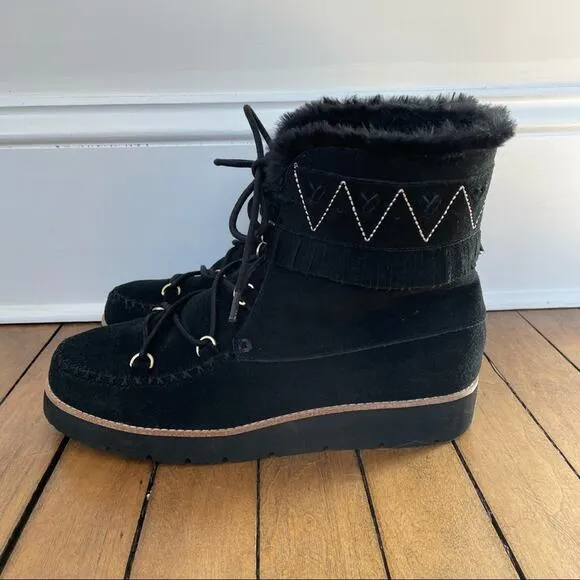 NWOT Jack Rogers Black Vera Suede Lace Up Fur Lined Waterproof Boots 8