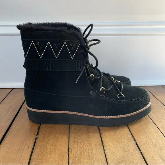 NWOT Jack Rogers Black Vera Suede Lace Up Fur Lined Waterproof Boots 8