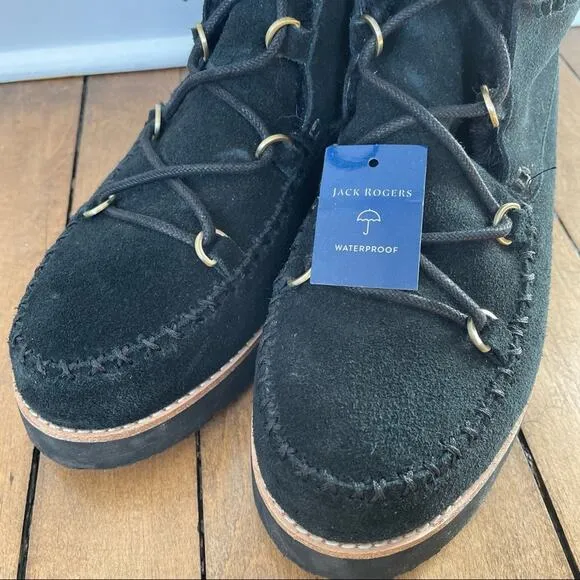 NWOT Jack Rogers Black Vera Suede Lace Up Fur Lined Waterproof Boots 8
