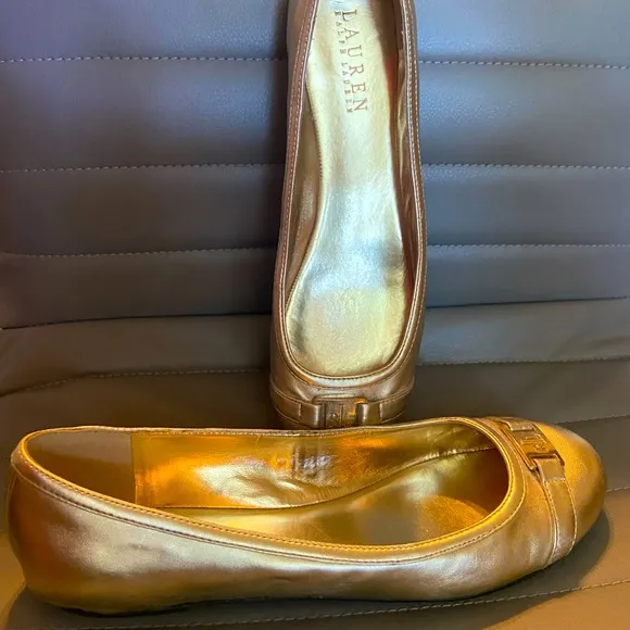 NWOT Ralph Lauren Metallic Shimmer Gold Faux Buckle Logo Flat Shoes Loafers