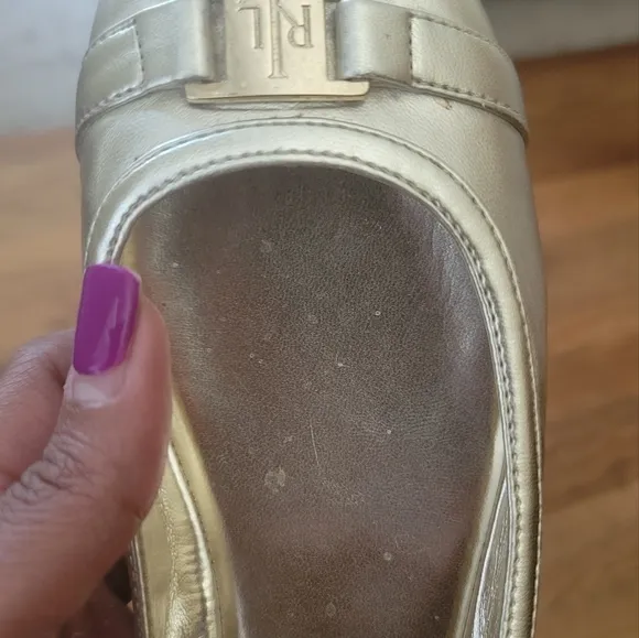 NWOT Ralph Lauren Metallic Shimmer Gold Faux Buckle Logo Flat Shoes Loafers