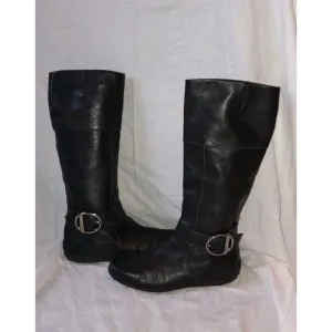 NWOT Tods Womens Leather Flat Buckle Detailed Knee High Boots Black