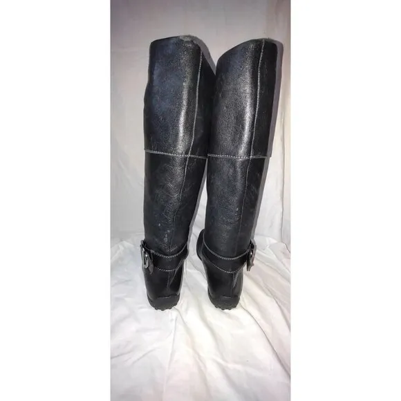 NWOT Tods Womens Leather Flat Buckle Detailed Knee High Boots Black