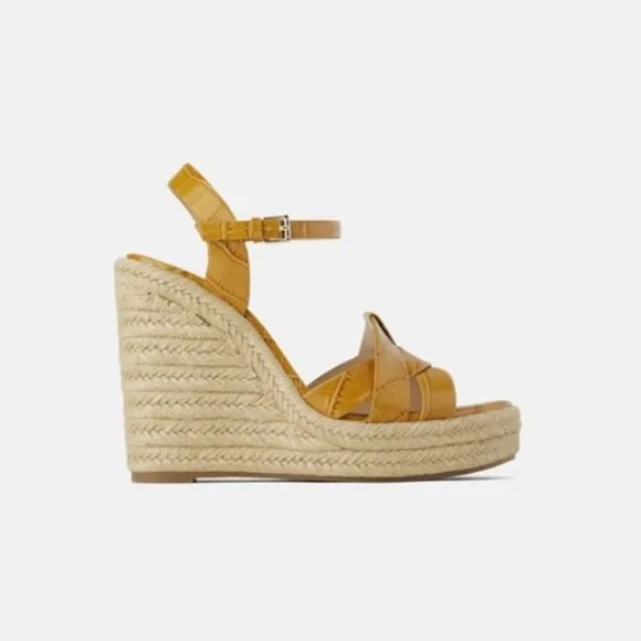 NWOT. Zara Mustard Espadrille Embossed Animal Print Wedges Sandals