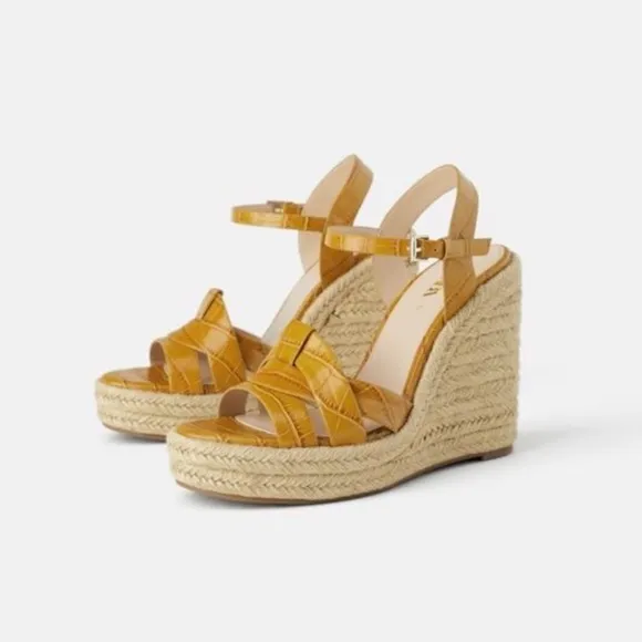 NWOT. Zara Mustard Espadrille Embossed Animal Print Wedges Sandals