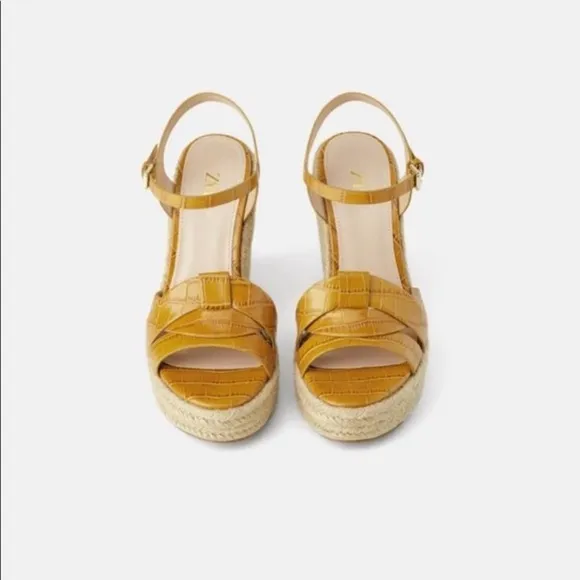 NWOT. Zara Mustard Espadrille Embossed Animal Print Wedges Sandals