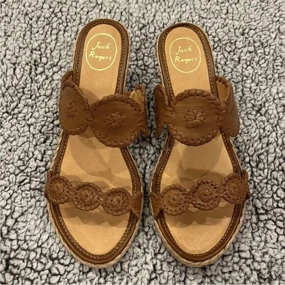 NWOT Jack Rogers Shelby Espadrille Tan Leather Wedge Slide Sandals