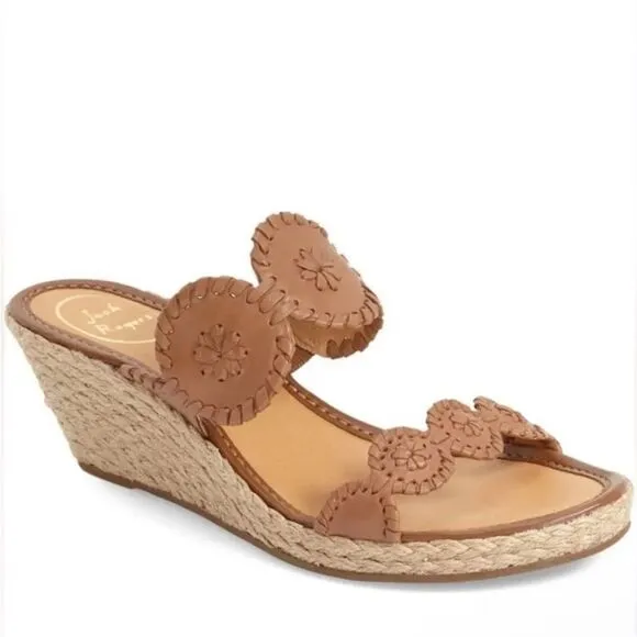 NWOT Jack Rogers Shelby Espadrille Tan Leather Wedge Slide Sandals