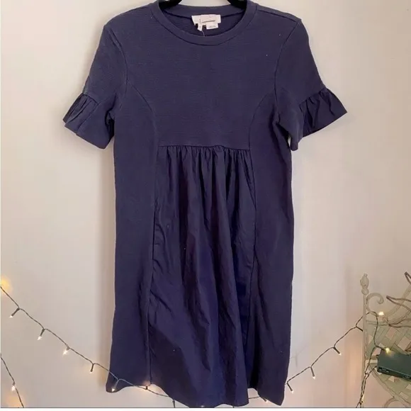 NWT Anthropologie Blue Cotton Short Sleeve Dress sleeves pocket Size XS babydoll