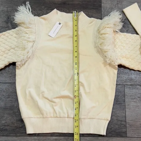 NWT Anthropologie Dolan Fringed Sweater Fringe Knit Ivory Pullover Textured XS