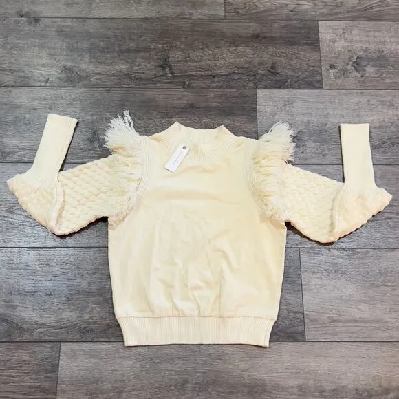 NWT Anthropologie Dolan Fringed Sweater Fringe Knit Ivory Pullover Textured XS