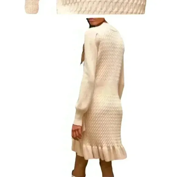 NWT Anthropologie Flat White Ruffled Knit Mini White Ivory Sweater Dress