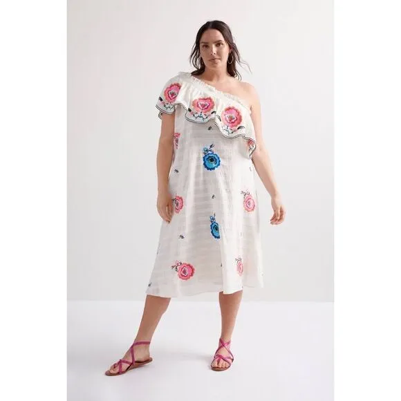 NWT Anthropologie Plenty by Tracy Reese Embroidered One-Shoulder Maxi Dress 1X