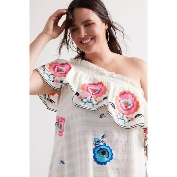 NWT Anthropologie Plenty by Tracy Reese Embroidered One-Shoulder Maxi Dress 1X
