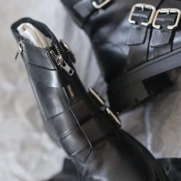 NWT BLACK LOW HEELED GENUINE LEATHER ANKLE BOOTS WITH BUCKLES.