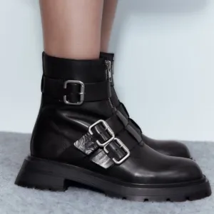 NWT BLACK LOW HEELED GENUINE LEATHER ANKLE BOOTS WITH BUCKLES.