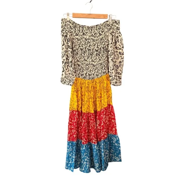NWT Coolchange Boho Smocked Bodice Off-Shoulder Tiered Midi/Maxi Dress sz Small