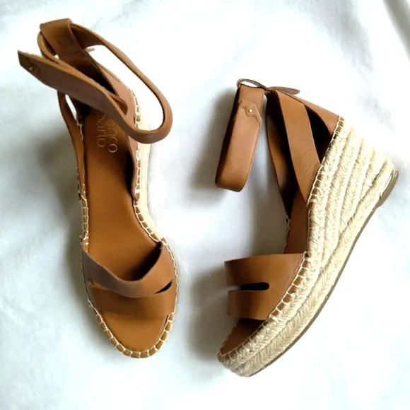 NWT Franco Sarto Callia Genuine Leather Espadrille Wedges in Caramel
