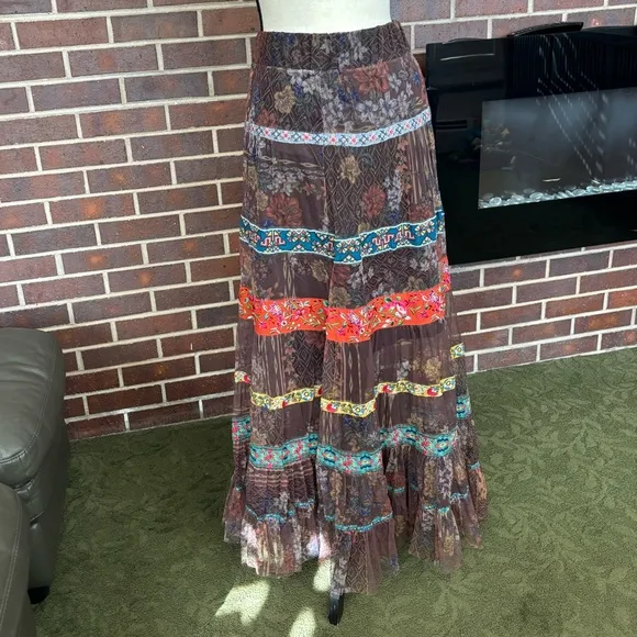 NWT Johnny Was Wilhelma Tiered Mesh Skirt Multi Colored Size L New Ribbon