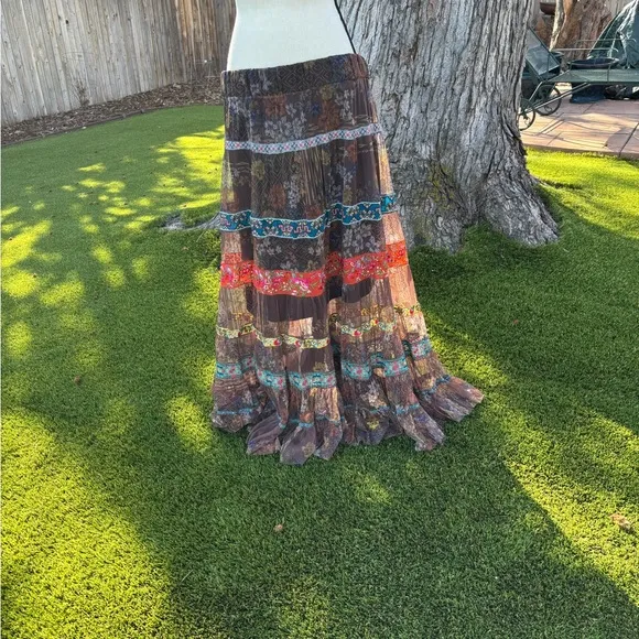 NWT Johnny Was Wilhelma Tiered Mesh Skirt Multi Colored Size L New Ribbon