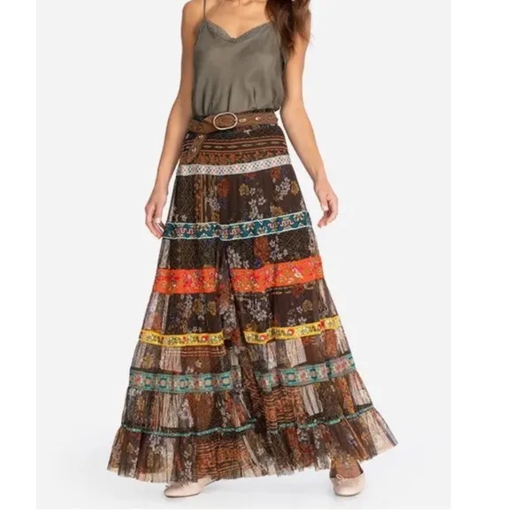 NWT Johnny Was Wilhelma Tiered Mesh Skirt Multi Colored Size L New Ribbon