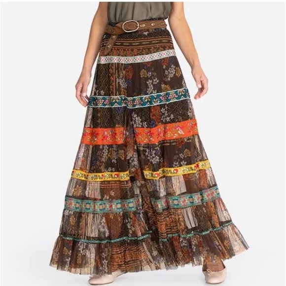 NWT Johnny Was Wilhelma Tiered Mesh Skirt Multi Colored Size L New Ribbon