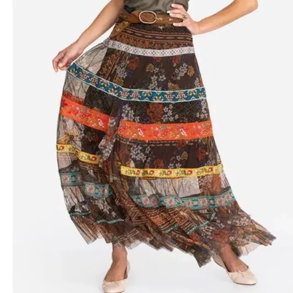 NWT Johnny Was Wilhelma Tiered Mesh Skirt Multi Colored Size L New Ribbon
