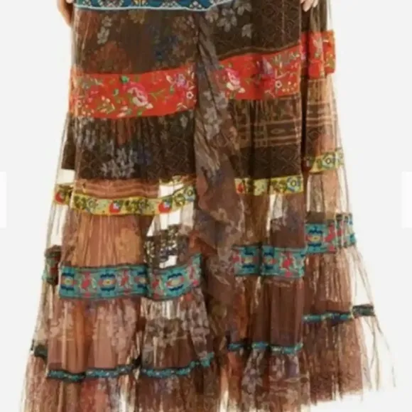 NWT Johnny Was Wilhelma Tiered Mesh Skirt Multi Colored Size L New Ribbon