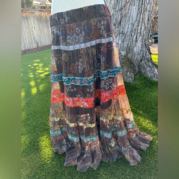NWT Johnny Was Wilhelma Tiered Mesh Skirt Multi Colored Size L New Ribbon