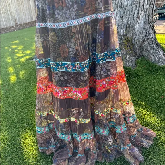 NWT Johnny Was Wilhelma Tiered Mesh Skirt Multi Colored Size L New Ribbon