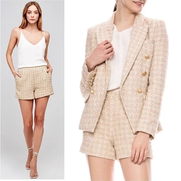 NWT L’AGENCE High Waist Rose Gold Classic Textured Coastal Tweed Plaid Shorts 2