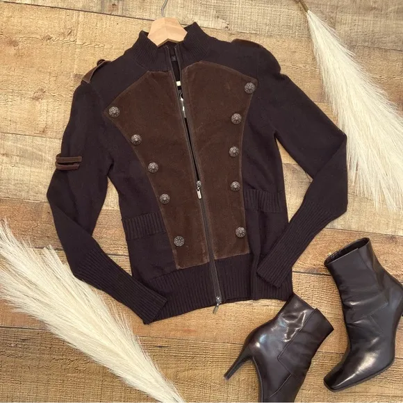 ⭐️NWT Military Inspired Chocolate Suede Zip Up Sweater Jacket