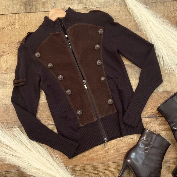 ⭐️NWT Military Inspired Chocolate Suede Zip Up Sweater Jacket