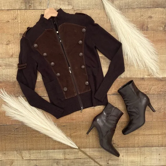 ⭐️NWT Military Inspired Chocolate Suede Zip Up Sweater Jacket