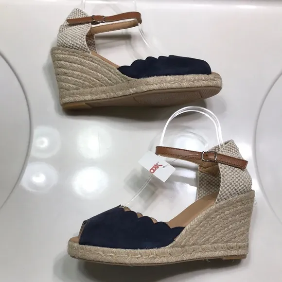 NWT Paseart Women’s Leather Suede Scallop Open Toe Ankle Strap Espadrille Wedges