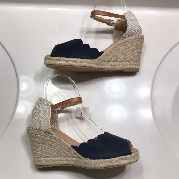 NWT Paseart Women’s Leather Suede Scallop Open Toe Ankle Strap Espadrille Wedges