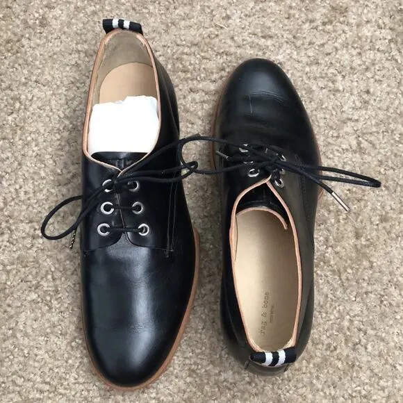 NWT Rag &amp; Bone Audrey Black Leather Lace-Up Oxford Shoes Size 6 (36)